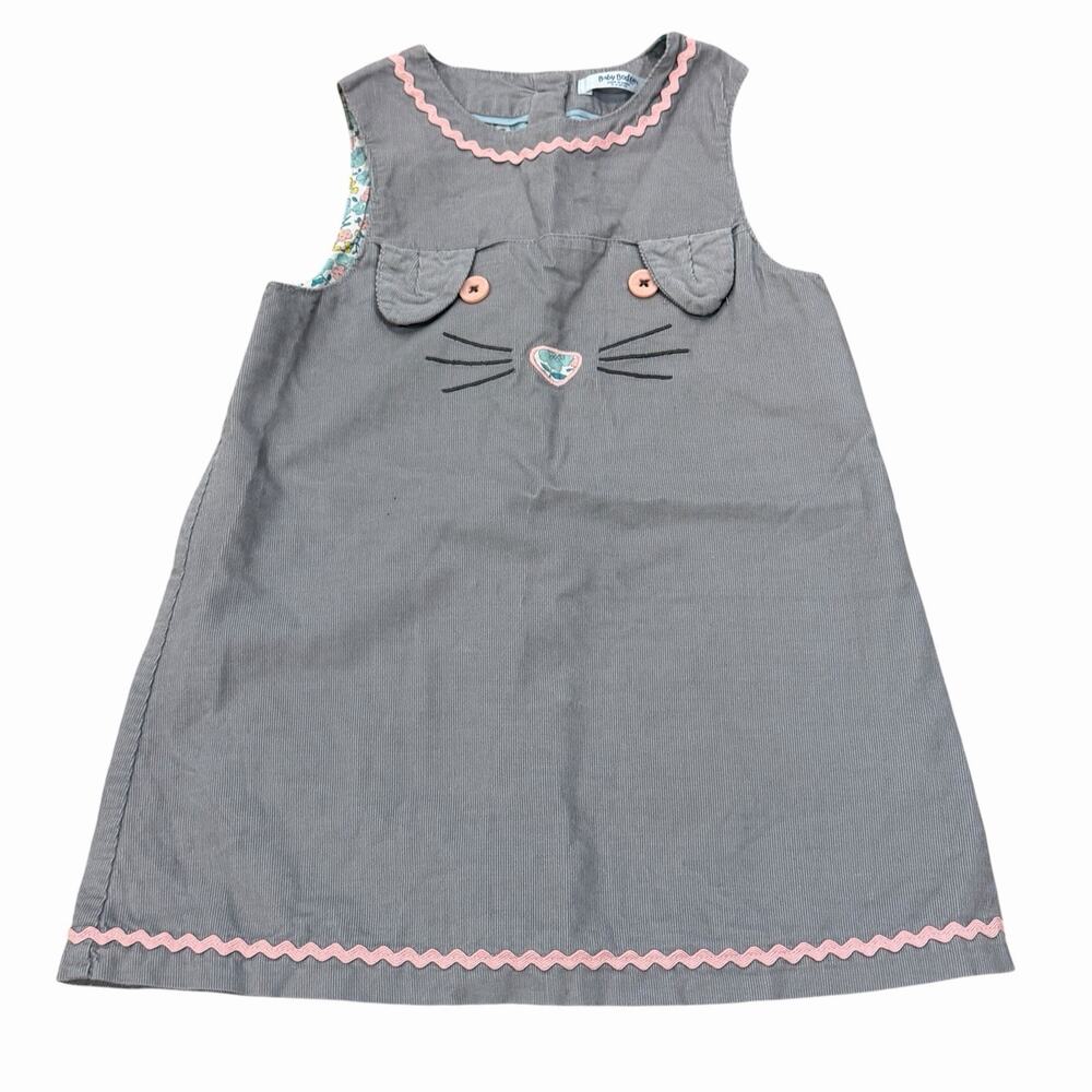 Baby Boden Gray Corduroy Bunny Dress Pink Ric Rac Trim Floral Lined 18-24 Months